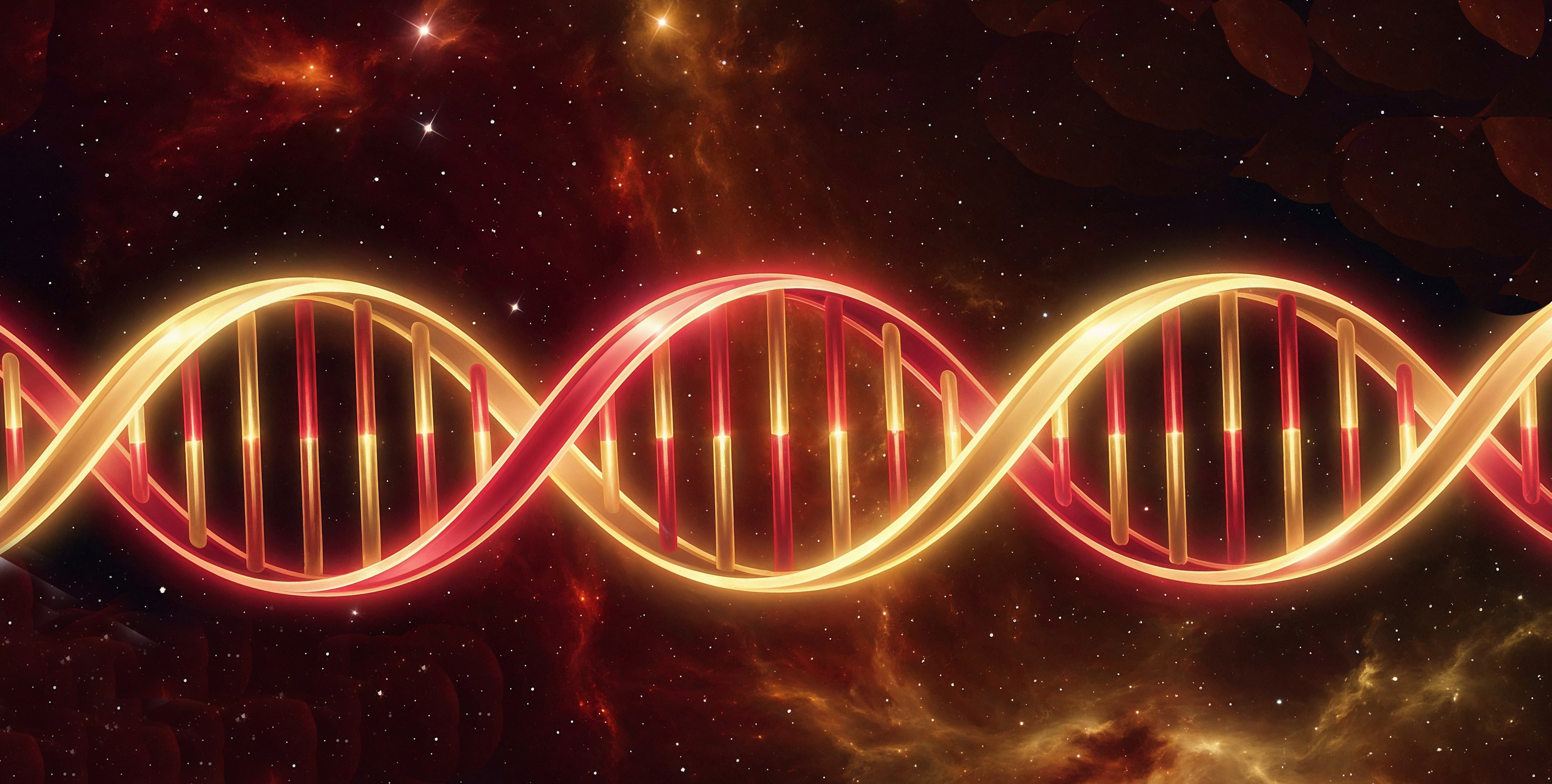 Glowing DNA double helix on a deep red starfield